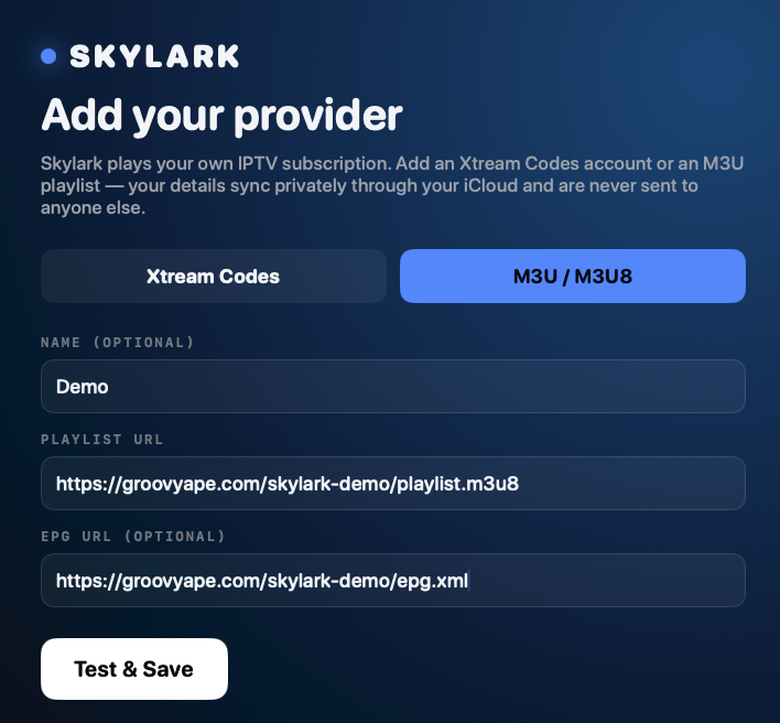 Skylark Add your provider screen for Xtream Codes or M3U playlists