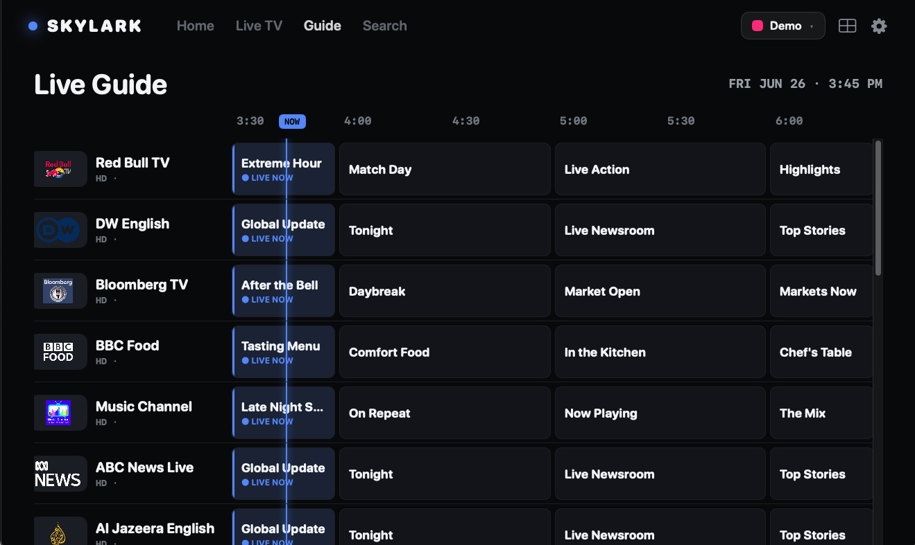 Skylark Live Guide with a scrollable EPG grid of channels and programs