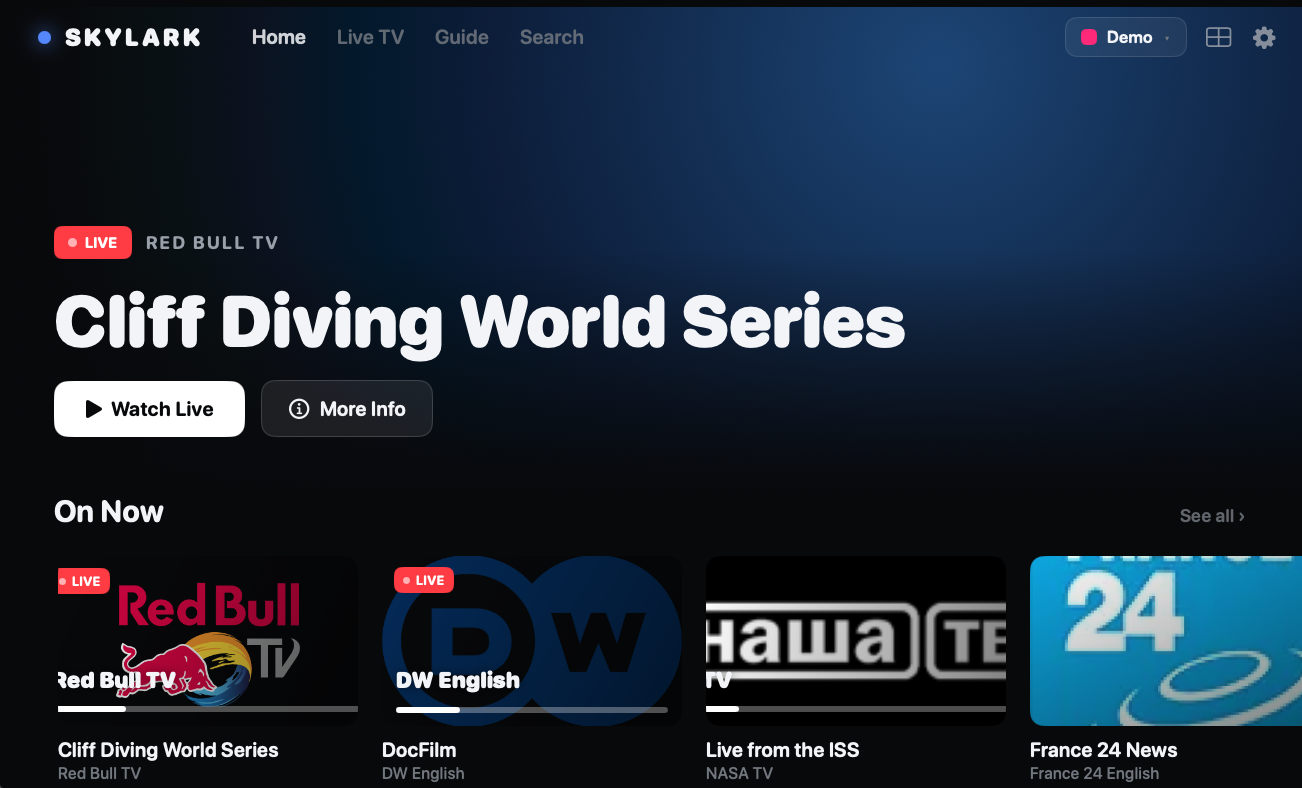Skylark Home screen showing a featured live channel and an On Now row