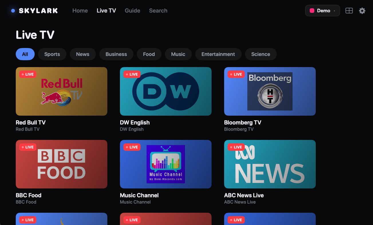 Skylark Live TV channel grid with channel logos
