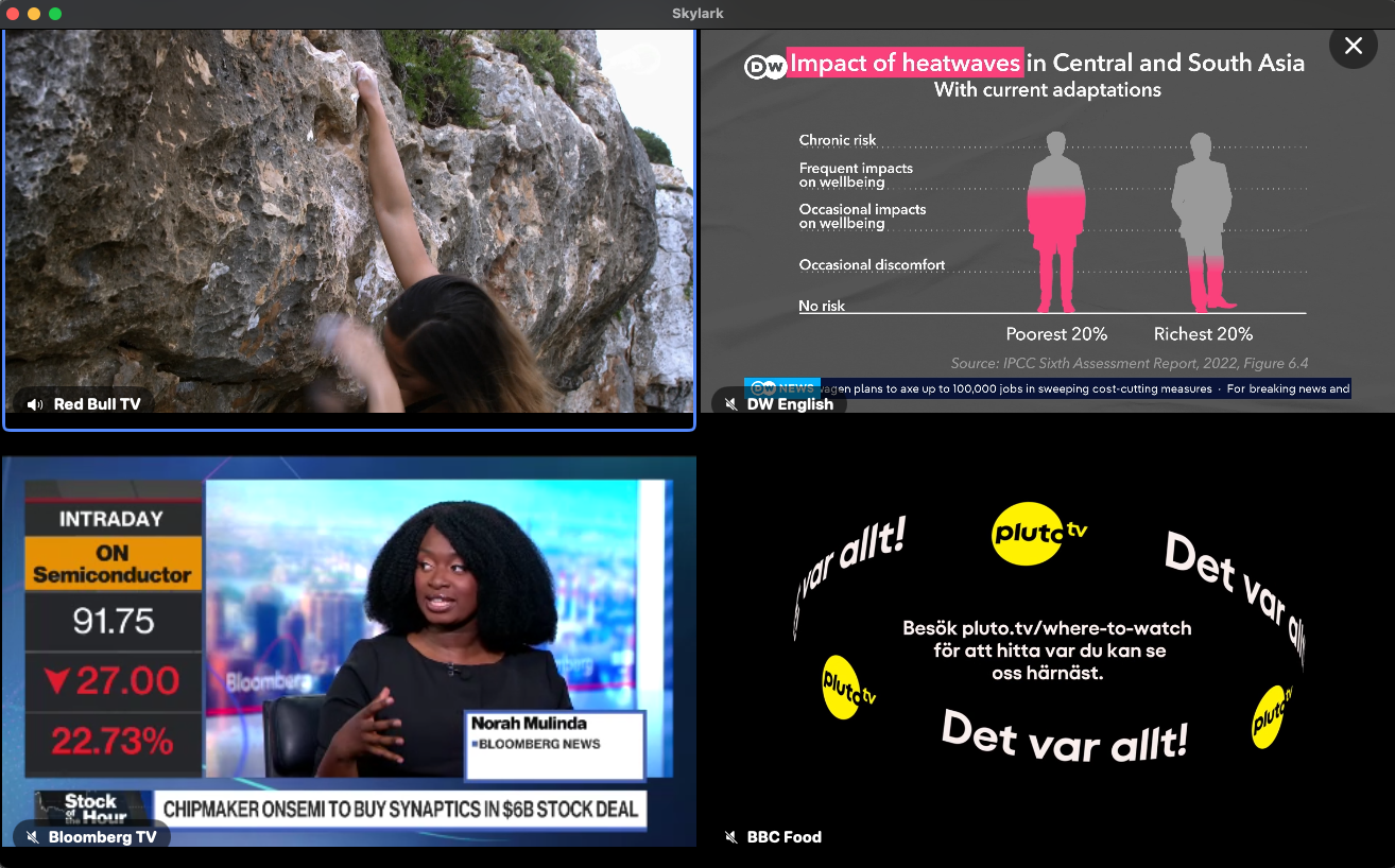 Skylark Multi-View showing four live channels in a grid